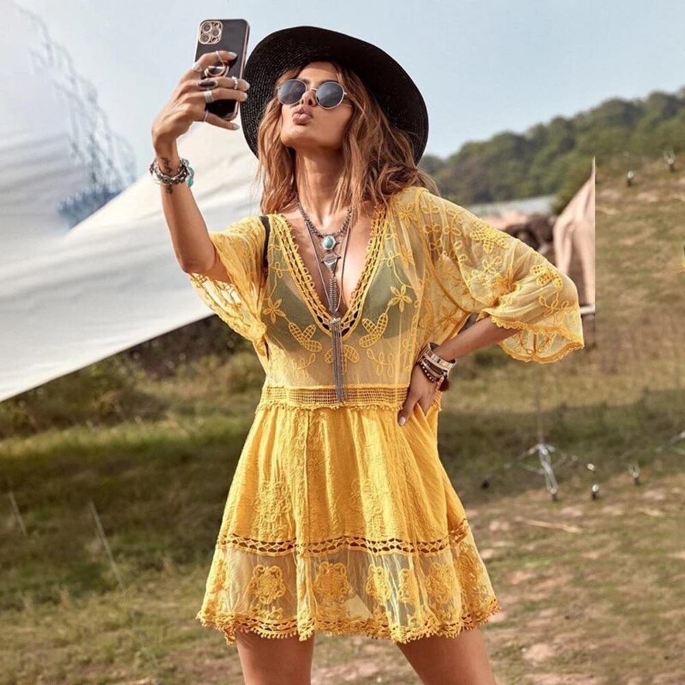 Dolly Boho Crochet Cotton Floral Inlay Lace Mini Dress Beach CoverUp